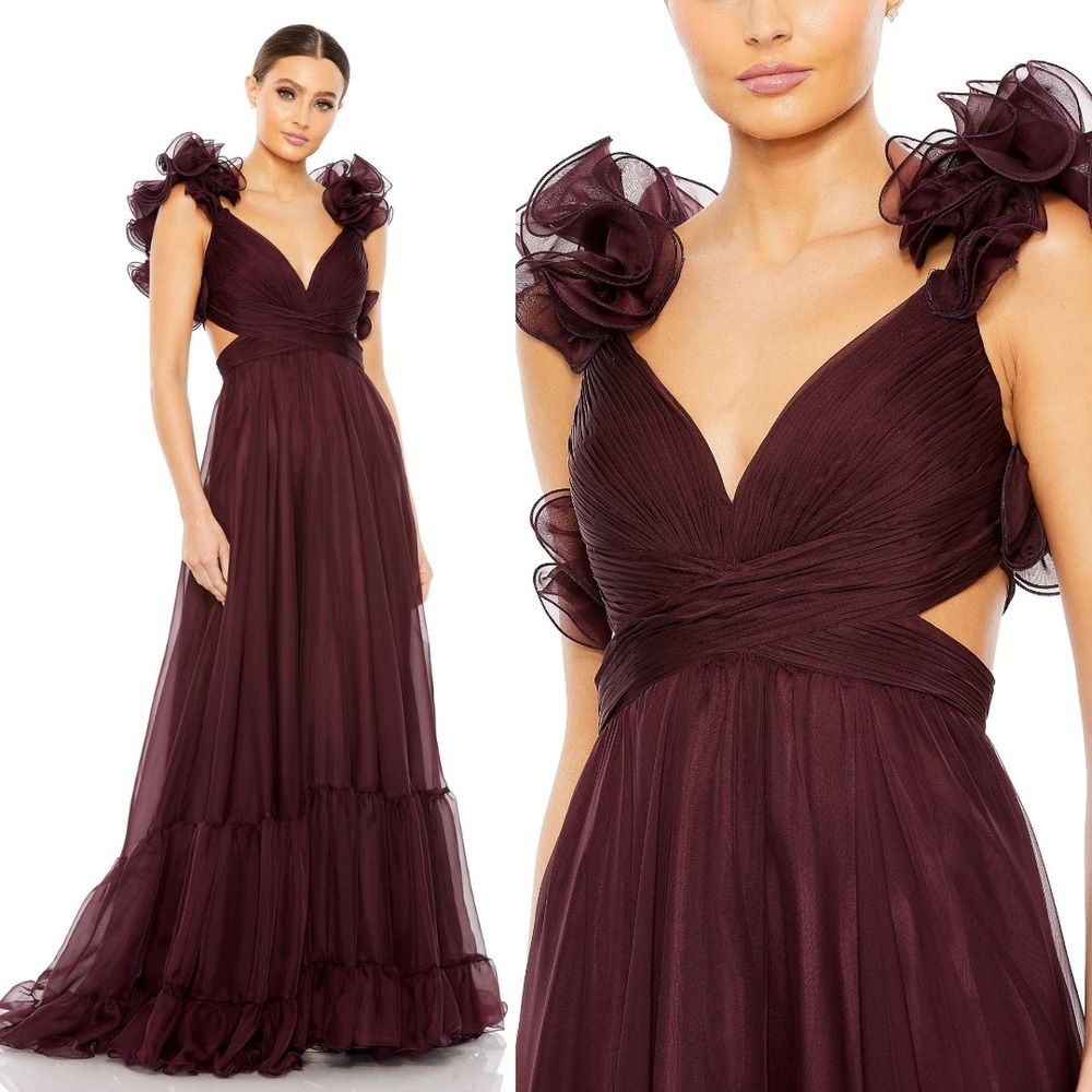 Mac Duggal Plum Ruffled Maxi Dress